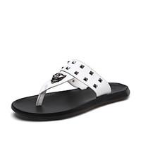 Men\'s Slippers Flip-Flops Summer Comfort Light Soles Cowhide Outdoor Casual Water Shoes Flat Heel Rivet Black White