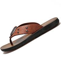 Men\'s Sandals Comfort PU Summer Outdoor Walking Flat Heel Dark Brown Yellow Black Under 1in