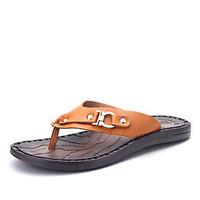 Men\'s Slippers Flip-Flops Spring Summer Comfort PU Casual Flat Heel Beading Dark Brown Brown