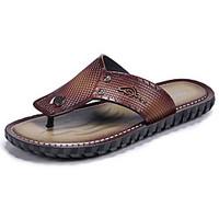 Men\'s Slippers Flip-Flops Comfort PU Summer Outdoor Flat Heel Dark Brown Brown Under 1in