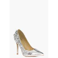 Metallic Flower Embellished Court Shoe - silver