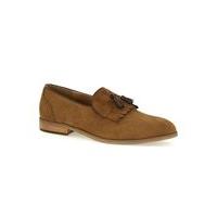 Mens Brown Tan Faux Suede Fringe Loafers, Brown