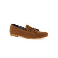 Mens Brown Tan Faux Suede Tassel Loop Loafers, Brown