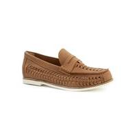Mens Brown Tan Leather Weave Penny Loafers, Brown