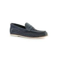 Mens Blue Navy Leather Weave Penny Loafers, Blue