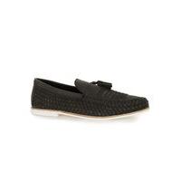 Mens Black Leather Weaved Tassel Loafers, Black
