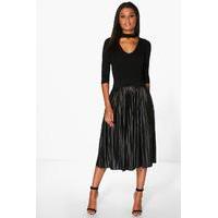 metallic pleated midi skirt black