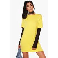 Mesh Sleeve Double Layer T-Shirt Dress - yellow