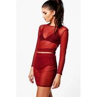 mesh crop skirt co ord wine