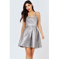 metallic spot jacquard fit and flare dress