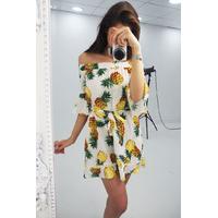 Mel pineapple print bardot frill dress