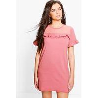 Mesh Ruffle Trim T-Shirt Dress - rose