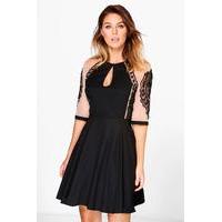 mesh and lace panelled skater dress black