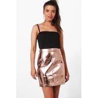 Metallic Leather Look A Line Mini Skirt - rose gold