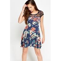 mesh insert floral swing dress