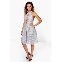 Mesh Panelled Keyhole Skater Dress - grey