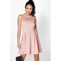 Mesh Top Seam Detail Skater Dress - stone