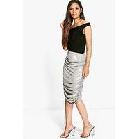 metallic rouched side midi skirt gold