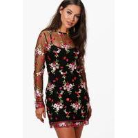 Melodie Embroidery Mesh Shift Dress - black