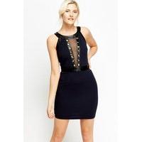 mesh insert faux leather trim dress