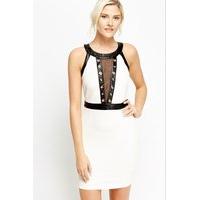 Mesh Insert Faux Leather Trim Dress