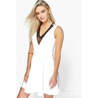 Mesh Insert Double Plunge Skater Dress - white