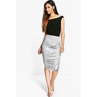 Metallic Rouched Side Midi Skirt - silver