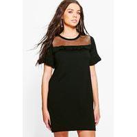 Mesh Ruffle Trim T-Shirt Dress - black