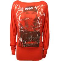 Melody Print Batwing Tunic Top - Red