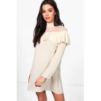 mesh insert ruffle shift dress stone