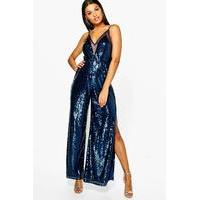 mesh insert sequin jumpsuit navy