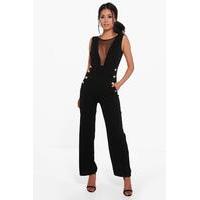 mesh insert button detail jumpsuit black