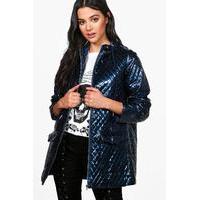 Metallic Quilted Rain Coat - navy