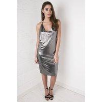 Metallic Strappy V-neck Dress in Silver