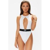 megan mckenna white plunge cutout belted swimsuit