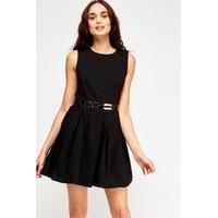 Mesh Insert Belted Skater Dress