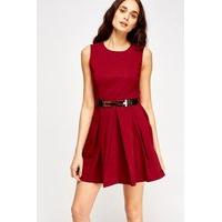 Mesh Insert Belted Skater Dress