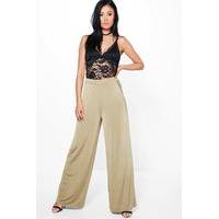 Mesh Insert Wide Leg Slinky Trousers - olive