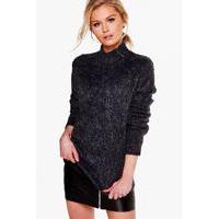 metallic yarn funnel neck jumper blue