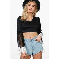 mesh flare embroidery trim crop black