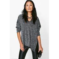 Metallic Cross Front Long Sleeve Top - silver