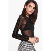 Mesh Ruffle Sleeve Top - black