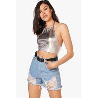 Metallic Crop Halterneck Top - silver