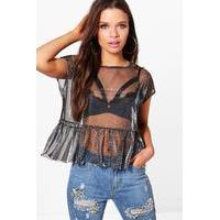 Metallic Ruffle Peplum Mesh Tee - silver