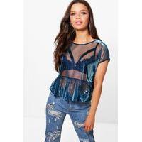 metallic ruffle peplum mesh tee blue