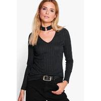 Metal Trim Choker Rib Tee - black