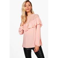 mesh insert ruffle front blouse rose