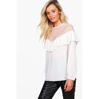 Mesh Insert Ruffle Front Blouse - ivory