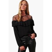 mesh detail ruffle top black