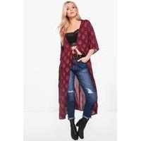 Metallic Print Maxi Tie Front Kimono - wine